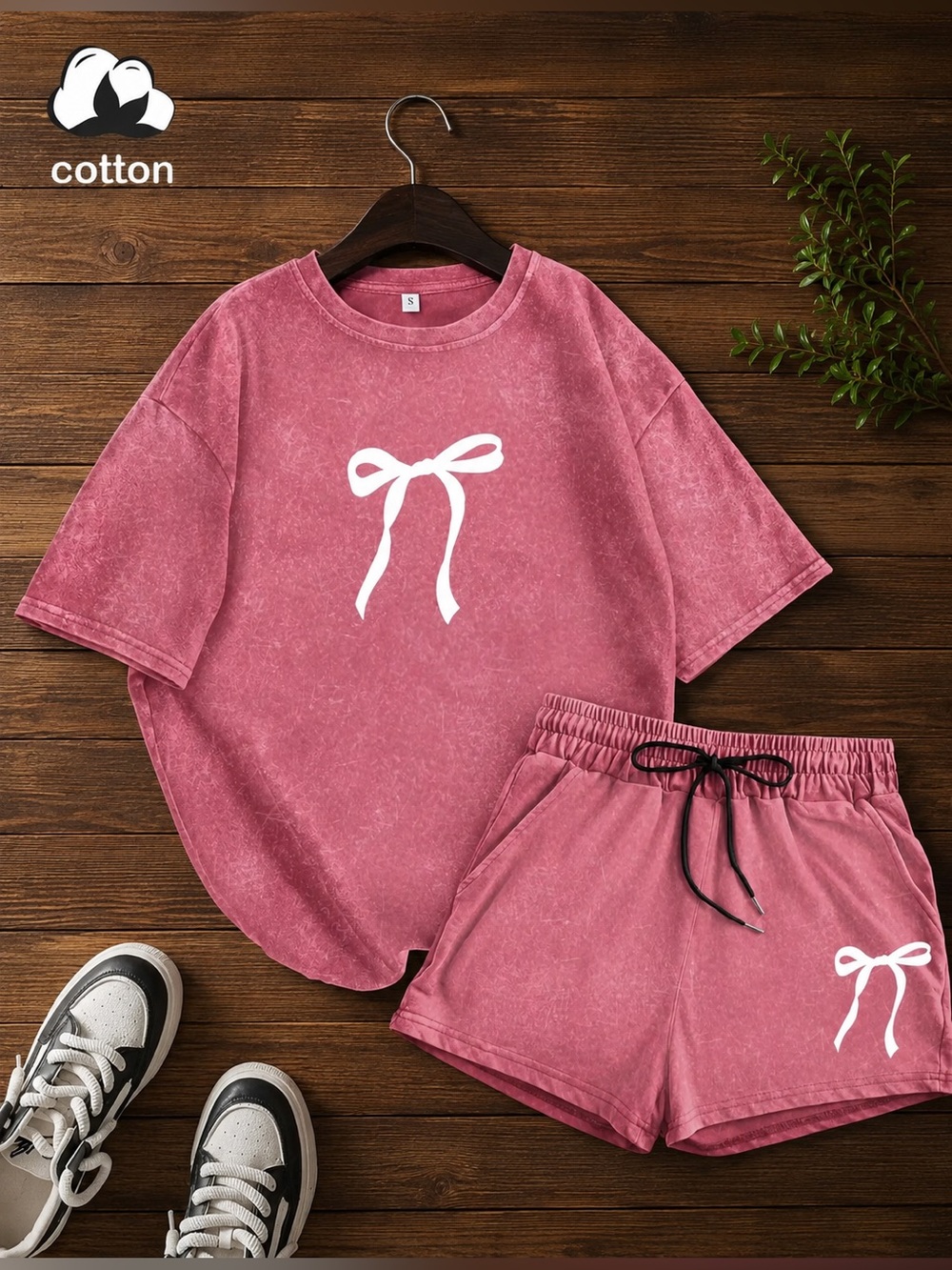 Vintage Mineral Wash Pink Bow Print Cotton Loungewear Set New Boutique